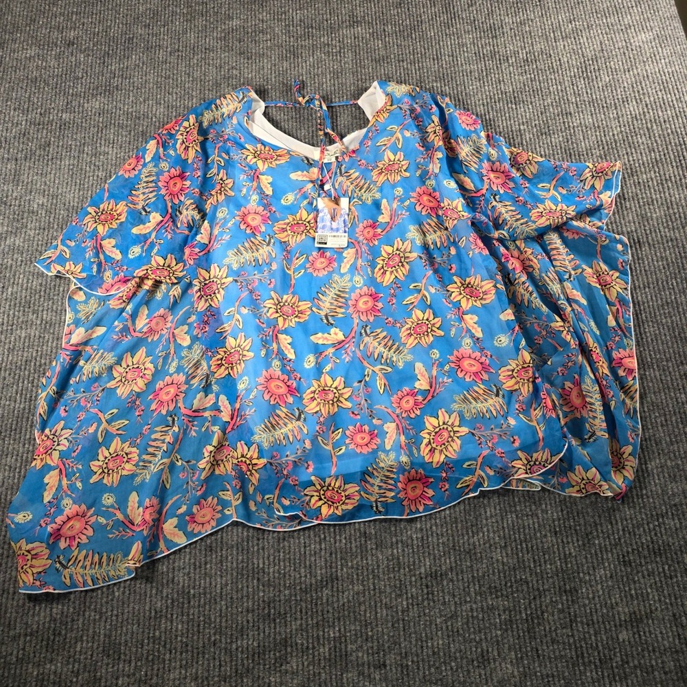 Simply Noelle Floral Poncho Top Blue Pink Yellow S/M NWT TOP5183SM-DENIM
